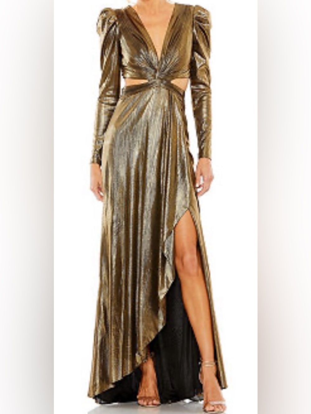 Mac Duggal Ieena Foile Jersey Open-Back Gown in Antique Gold